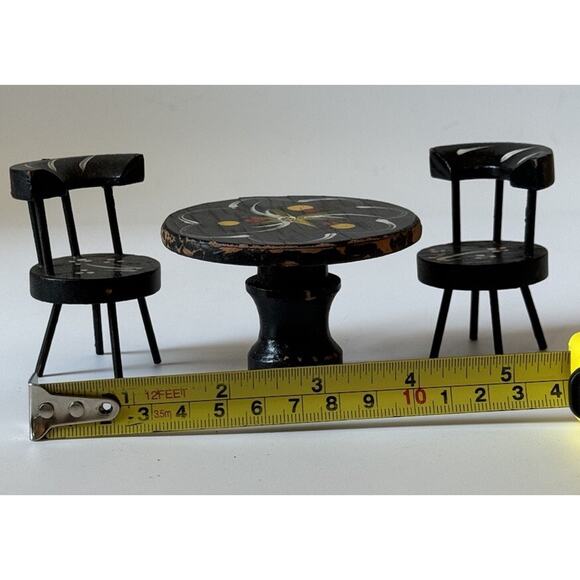 Vintage Fomerz Dollhouse Wood Table & 2 Chairs Painted Black - Picture 3 of 5